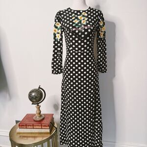 Rixo London Womens Dress Midi Clemmie Polka Dot Embroidered Floral Size XS